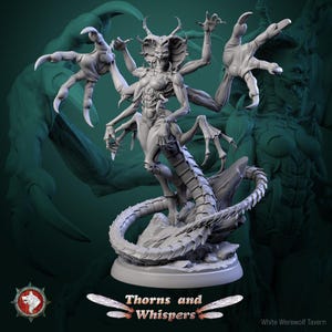 May include: A grey resin miniature figurine of a multi-armed creature with a cobra-like hood, sharp claws, and a long, segmented tail coiled around a rocky base. The text "Thorns and Whispers" is printed at the bottom with insect wings.