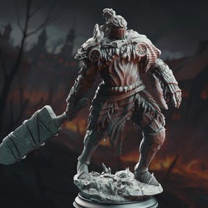 May include: A detailed, grey figurine of a knight in full armour, holding a large, textured sword. The knight stands on a rocky base, with intricate details on the armour and a helmet. The background features a blurred, dark cityscape.