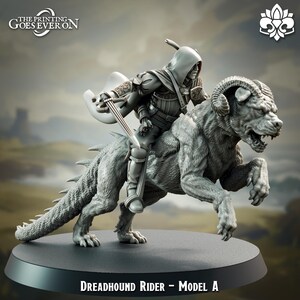 May include: A gray miniature figurine of a hooded rider in armor holding a sword, mounted on a large, muscular creature with ram-like horns and a spiked tail. The base is circular and black, with the text "DREADHOUND RIDER - MODEL A" printed below.