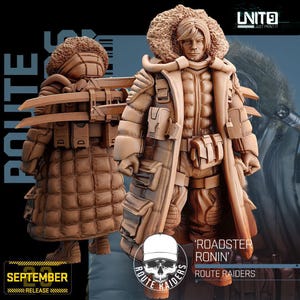 May include: A detailed 3D-printed figure of a character in a long coat with a fur-lined hood, carrying what appears to be swords on their back. The figure is tan-colored and has multiple pouches and pockets. The text "ROADSTER RONIN" and "ROUTE RAIDERS" is visible.