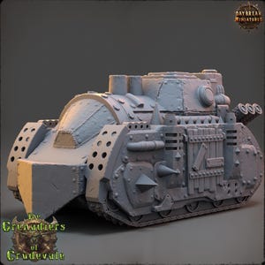 May include: A light gray miniature tank model featuring a reinforced front plow, riveted armor plating, side doors with wooden plank detailing, spiked accents, and a rear-mounted triple-barrel exhaust system, branded with Daybreak Miniatures text.