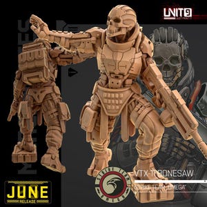May include: A tan-coloured VTX-11 BONESAW action figure in a dynamic pose, holding a rifle. The figure has a skull-shaped helmet and is wearing detailed armour. The image includes the text "JUNE RELEASE" and the Strike Team Omega logo.