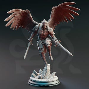 May include: A detailed figurine of an armored angel with large, feathered wings. The angel is holding two swords and is posed mid-flight, standing on a rocky base. The armor is red and silver, with intricate detailing. The wings are a reddish-brown colour.