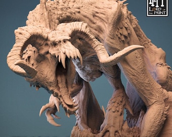 May include: A tan-colored, unpainted resin figurine of a monstrous creature with large curved horns, sharp teeth, and a textured, scaly hide. The creature has an open mouth and spikes along its back. The text LORD OF THE PRINT and TUSK AND STEEL appear.