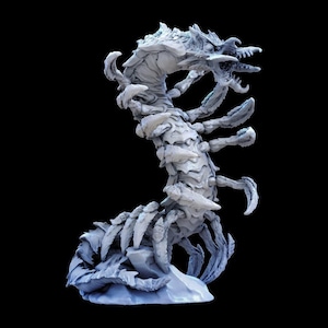 May include: A light grey, unpainted resin miniature of a multi-legged, segmented creature with a curved, elongated body, sharp claws, and a wide, open mouth filled with jagged teeth, standing on a rocky base against a solid black background.