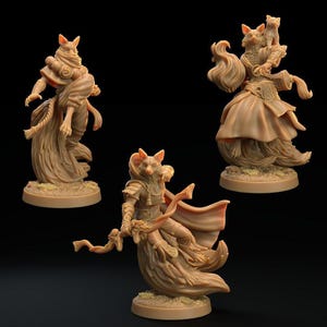 May include: Three unpainted tan resin miniature figurines depicting anthropomorphic fox characters. One figure stands in a dynamic pose, another holds a bow, and the third carries a small creature on its shoulder, all set on circular bases.