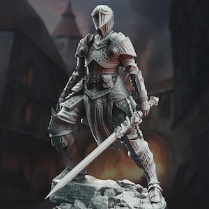 May include: A detailed light gray miniature figurine of a knight in ornate plate armor standing on a rocky base. The knight wears a full helmet with a vertical visor and holds a long, straight sword pointed downward toward the textured stone surface.