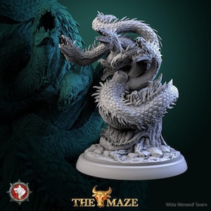 May include: A grey, unpainted resin miniature of a multi-headed hydra creature with sharp scales, coiled around a textured tree stump base. The figure features several snarling heads with open mouths and visible teeth, standing on a circular pedestal.