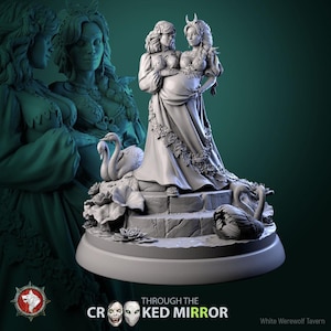 May include: A grey resin miniature figurine featuring two conjoined figures in long dresses standing on a stone staircase base. The base is decorated with sculpted swans and lotus flowers. The text "THROUGH THE CROOKED MIRROR" is visible below.