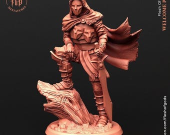 May include: A terracotta-colored miniature figurine of a hooded warrior standing with one foot on a log. The figure wears a mask, a tattered cape, and armor adorned with two small face plates, while holding a sword. Text reads Flesh of Gods.