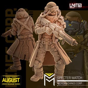 May include: A digitally rendered image of a Specter Watch figure from Micromachines Corp. The figure is in a combat suit, holding a rifle. The figure is light brown with detailed armor and gear. The word "AUGUST" is visible.