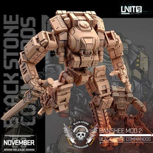 May include: A tan-coloured Banshee Mod 2 robot model, part of the Black Stone Commandos series. The image features the text "November Release" and the UNIT9 logo. The robot has a detailed, mechanical design with articulated limbs and weaponry.