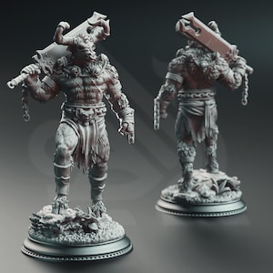 May include: A detailed, gray figurine of a minotaur warrior, holding a large sword. The minotaur has horns, fur, and armor. A second figurine shows the back view of the minotaur holding a club. Both figurines are on a round base.