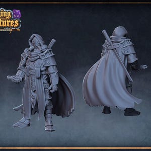 May include: Two grey unpainted miniature figures of a hooded character in tactical armor, shown from front and back views. The character wears a cloak, carries a sword on the back, and features detailed plating. Text reads Roleplaying & Miniatures.