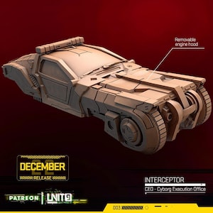 Puede incluir: Un modelo de coche Interceptor de color beige con capó de motor extraíble. El vehículo futurista tiene un perfil bajo, ruedas grandes y un diseño elegante. El texto "DECEMBER RELEASE" es visible. El texto "INTERCEPTOR CEO - Cyborg Execution Office" también es visible.