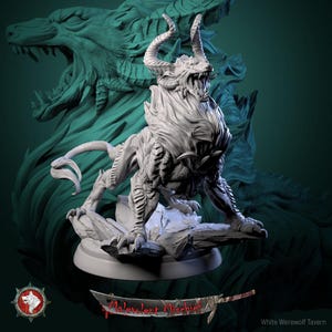 May include: A white figurine of a werewolf-like creature with horns and a lion's mane. The figure is posed on a rocky base, with a larger, teal-coloured dragon-like form in the background. The text "Malevolent Mischief" is visible.