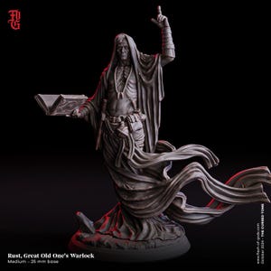 May include: A detailed, gray warlock figurine with a skeletal chest and flowing robes. The figure holds a book and points upward. The base is medium, 25 mm. The text reads "Rust, Great Old One's Warlock" and "The Cursed Tome".