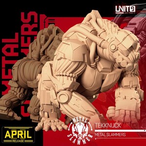 May include: A beige Tekknuck figure from the Metal Slammers collection, with a robotic design. The figure is in a crouching position, showcasing detailed mechanical components. The image includes the text "April Release" and the Metal Slammers logo.