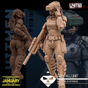Puede incluir: Una figura de la Unidad Greyfall de color marrón claro, sosteniendo un rifle y usando un casco y uniforme futuristas. La figura posa con una mano cerca de la cabeza, sugiriendo comunicación. La imagen incluye el texto "January Release" y "Killers & Hitmen."
