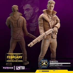 May include: A tan-coloured figurine of a character with cybernetic facial markings, wearing a high-collared jacket and holding a shotgun. The text reads FEBRUARY RELEASE, PATREON, UNITO, RAID44, SHIKKEN, and RAID44 police unit.