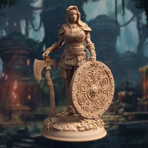 May include: A light brown, unpainted miniature figurine of a warrior standing on a circular base. The figure wears detailed armour, holds a large battle axe in the right hand, and rests a round, intricately carved shield on the ground.