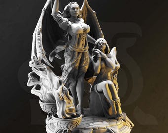 May include: A gray resin miniature figurine featuring a winged figure standing with a raised sword behind a seated figure with a blindfolded face. The base includes sculpted stone textures, two ornate bowls with flames, and a circular platform.
