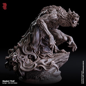 May include: A dark brown, detailed figurine of a Shadow Wolf creature in a crouching, aggressive pose with an open mouth and tongue visible. The figure is mounted on a rocky base with swirling, smoke-like elements and a 50 mm base label.