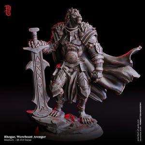 May include: A detailed figurine of Rhogar, a Werebeast Avenger, stands on a rocky base. The figure is clad in armor and holds a large sword. The base is 25 mm. The figurine has a cape and a detailed lion-like head.