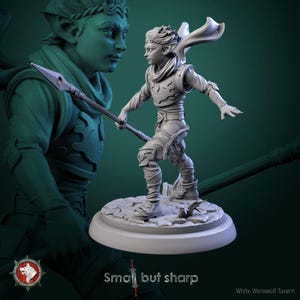 May include: A grey miniature figurine of an elf-like character standing on a circular stone base, holding a spear. The character wears armour, a scarf, and a flowing cape. The text "Small but sharp" and "White Werewolf Tavern" are visible.