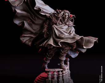 Puede incluir: Una figura en miniatura de Damascus, Vampire Lord, sobre una base de 25 mm. La figura presenta cabello largo, boca abierta con colmillos y una capa grande y fluida con desgarros visibles. El personaje viste armadura detallada sobre una barandilla.