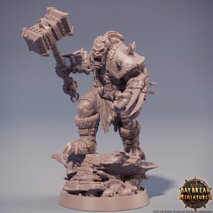 May include: A monochromatic, unpainted resin miniature of an orc warrior standing on a rocky base. The figure holds a large, heavy hammer in one hand and features spiked shoulder armor, fur-lined boots, and tusks. Text reads: 2020 All Rights Reserved Daybreak Miniatures.