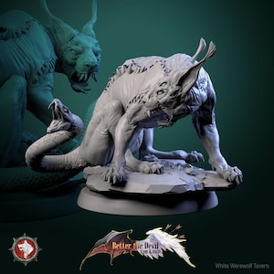 May include: A white sculpture of a mythical beast with a wolf's body, multiple eyes, and a snake tail. The creature is positioned on a rocky base. The text "Better the Devil you know" is visible.