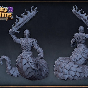 May include: A gray resin miniature figure of a snake-bodied creature with a humanoid torso wrapped in bandages. The figure holds a flame-shaped sword aloft and features a scaled lower body. The text Roleplaying & Miniatures appears in the corner.