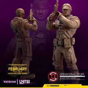 May include: Two brown figurines of a soldier in tactical gear, holding a gun. The figures are set against a purple background with a blurred image of a face. Text on the image includes "FEBRUARY RELEASE", "OPERATIONAL STUFF BLACK SITE AGENT", and "PATREON".