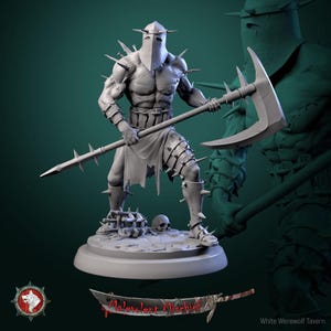May include: A gray miniature figurine of a muscular warrior wearing a spiked helmet and armor, holding a large scythe-like polearm. The figure stands on a circular base with a skull and a spiked ball. Text at the bottom reads Malevolent Mischief.
