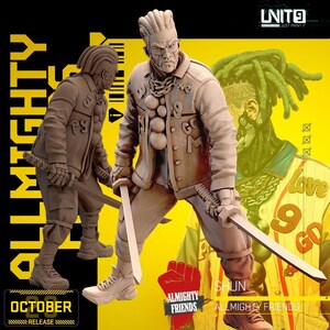 May include: A monochromatic beige figurine of a character named Shun, featuring dreadlocks, a jacket with text, and a sword in each hand. The background is yellow with black text including ALLMIGHTY FRIENDS, UNIT9, and OCTOBER RELEASE.