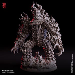 Może przedstawiać: Szczegółowa, szara figurka Wicker Golem z podstawą 75 mm. Figurka wykonana jest z plecionego drewna i ma humanoidalny kształt z pazurzastymi dłońmi i dymnymi akcentami. Widoczny jest tekst "Wicker Golem".