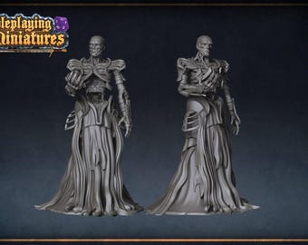 May include: Two grey unpainted resin miniature figures of a skeletal humanoid entity wearing layered, flowing robes and structured shoulder armor. The figures are displayed from front and side angles, featuring detailed ribcage and facial bone structures.
