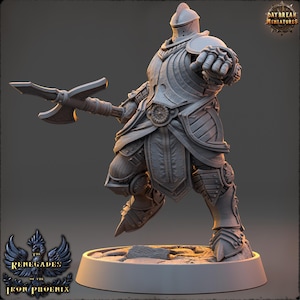 May include: A gray miniature of a knight in full armor, wielding a double-bladed axe. The figure is posed in a dynamic stance, with detailed armor plating and a helmet. The base features the text "The Renegades of the Iron Phoenix" and the Daybreak Miniatures logo.