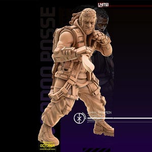 Puede incluir: Figura de acción de color canela de un personaje musculoso con equipo táctico, sosteniendo una cuchilla. La figura tiene una mochila y botas de combate. El texto en la imagen incluye "JAHMAL THOMPSON GHOSTLIGHT" y "OCTOBER". El fondo es oscuro con acentos morados.