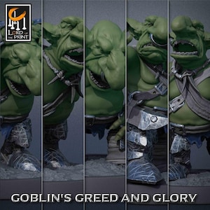 Op de afbeelding: Een groen goblin-figuurtje met een wijd open mond, met een grijze riem over de borst en beenharnassen met een metalen textuur. Het figuur wordt weergegeven in vijf verticale panelen met de tekst LORD OF THE PRINT en GOBLIN'S GREED AND GLORY.