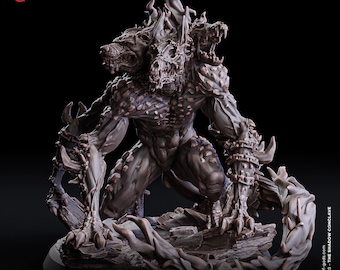 May include: A dark brown, three-headed canine creature figurine with muscular build, textured skin, and chains wrapped around its limbs. It stands on a rocky base with a 50 mm diameter. The text reads Shadowbound Cerberus, Large - 50 mm base.