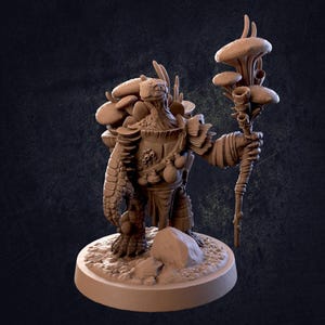 Pode incluir: Estatueta castanha detalhada de uma criatura semelhante a uma tartaruga com detalhes de cogumelos. A figura segura um bastão encimado por cogumelos e está sobre uma base texturizada com uma rocha. A criatura tem uma carapaça texturizada.