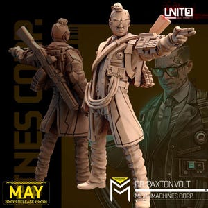 May include: A 3D-rendered figure of a man in a futuristic outfit, pointing forward. The figure is light brown with a long coat, glasses, and a high bun. The image includes the text "MAY RELEASE" and "DR. PAXTON VOLT MICROMACHINES CORP."