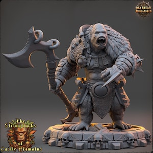 May include: A detailed gray miniature figurine of a gorilla-like creature, wielding a large axe and a blade. The figure is heavily armored and stands on a base decorated with skulls. The Daybreak Miniatures logo is visible.