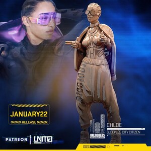 May include: A brown monochromatic figurine of a person wearing futuristic goggles, a structured top, and loose-fitting trousers with binary code patterns. The text on the display reads JANUARY22 RELEASE, CHLOE, SLEEPLES CITY CITIZEN, ONLOOKERS, and UNIT9.