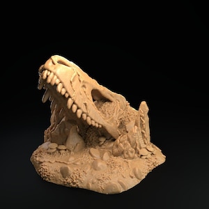 May include: A beige dinosaur skull sculpture with detailed teeth and bone texture. The sculpture is set against a dark background, emphasising the intricate details of the prehistoric creature's head. The sculpture is in a museum style.