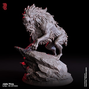 May include: A detailed, gray Alpha Worg figurine, posed atop a rocky base. The creature has a lion-like mane, sharp teeth, and clawed paws. The base is 50 mm. The text "Alpha Worg" and "The Black March" are visible.