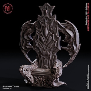 May include: A dark gray miniature throne featuring a tall, ornate backrest with wing-like side extensions and a tufted seat. The structure displays intricate, organic, and sharp-edged carvings throughout, with text reading Flesh of Gods Miniatures.