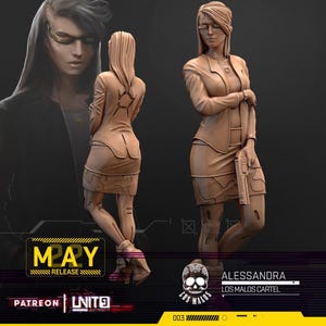 Könnte beinhalten: 3D-gedruckte Figur einer Frau in futuristischer Kleidung, die eine Waffe hält. Die Figur ist in einem beigen Farbton gehalten und trägt eine Jacke und einen Rock. Das Bild enthält den Text "MAY RELEASE" und "ALESSANDRA LOS MALOS CARTEL".